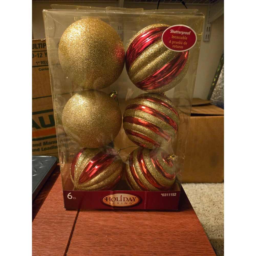 Holiday Living Red Gold Glitter Shatterproof Christmas Ornaments 6 Count 0311152